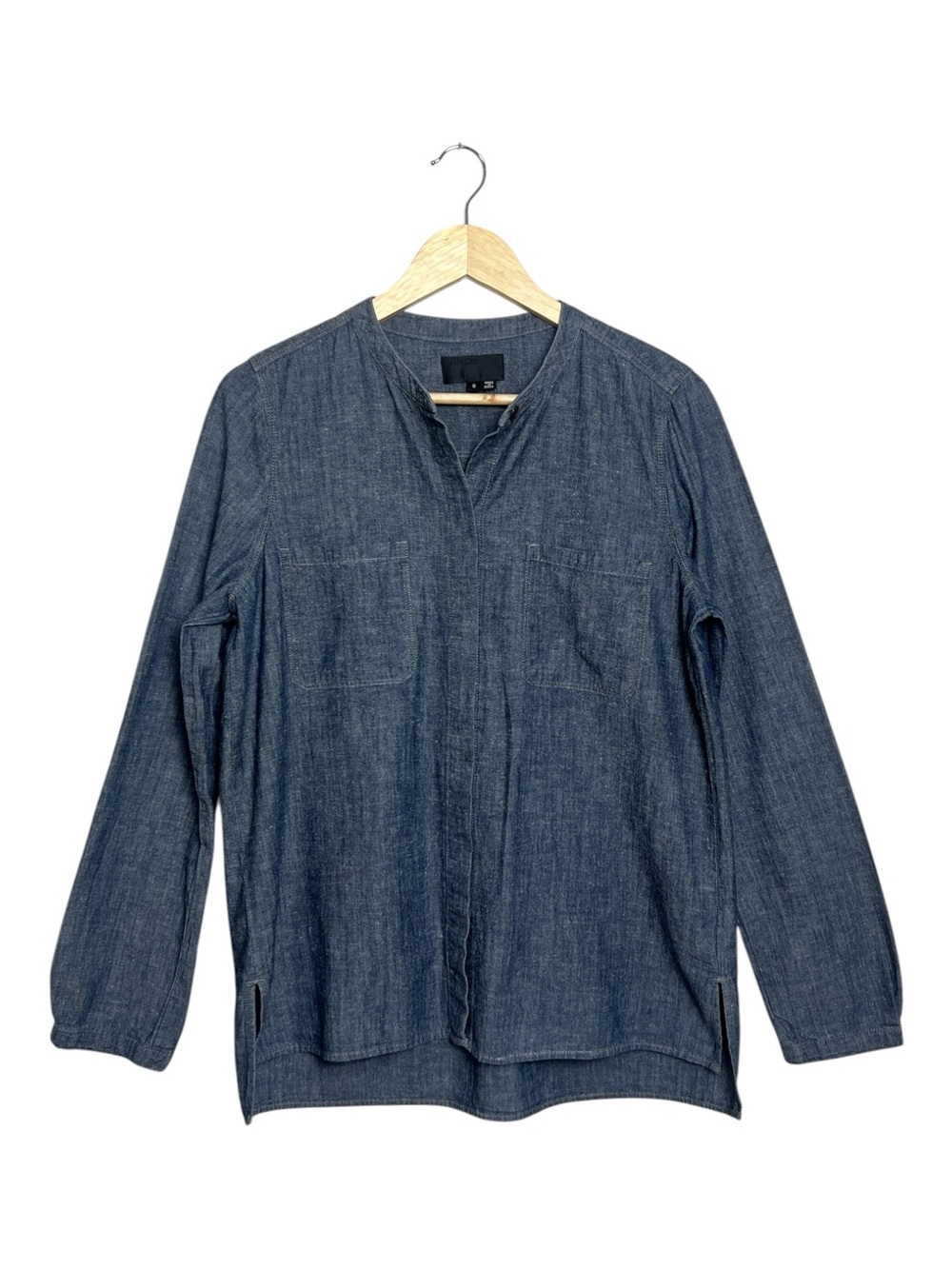 Vince Women’s Denim Band Collar Split Neck Popover Shirt Size Small